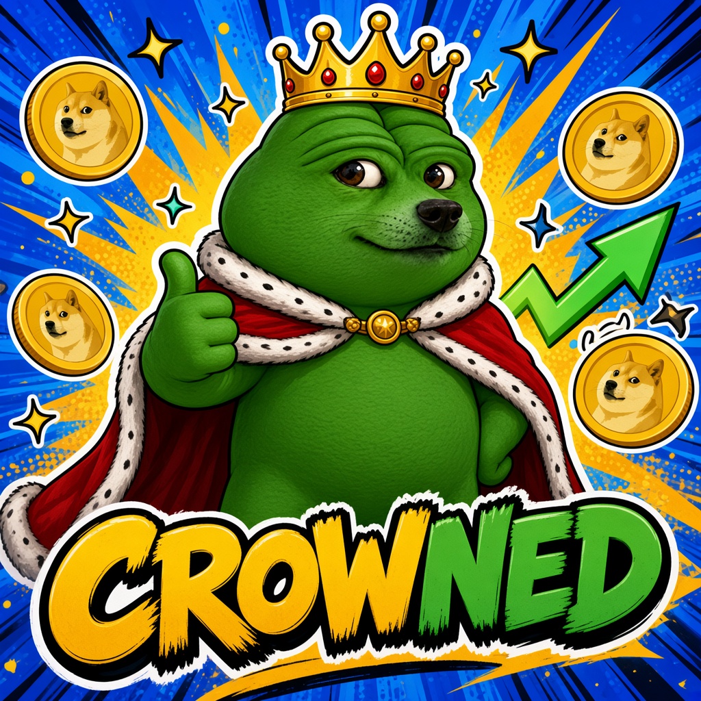 Pepe Doge in a gold crown and red cape. Crowned.